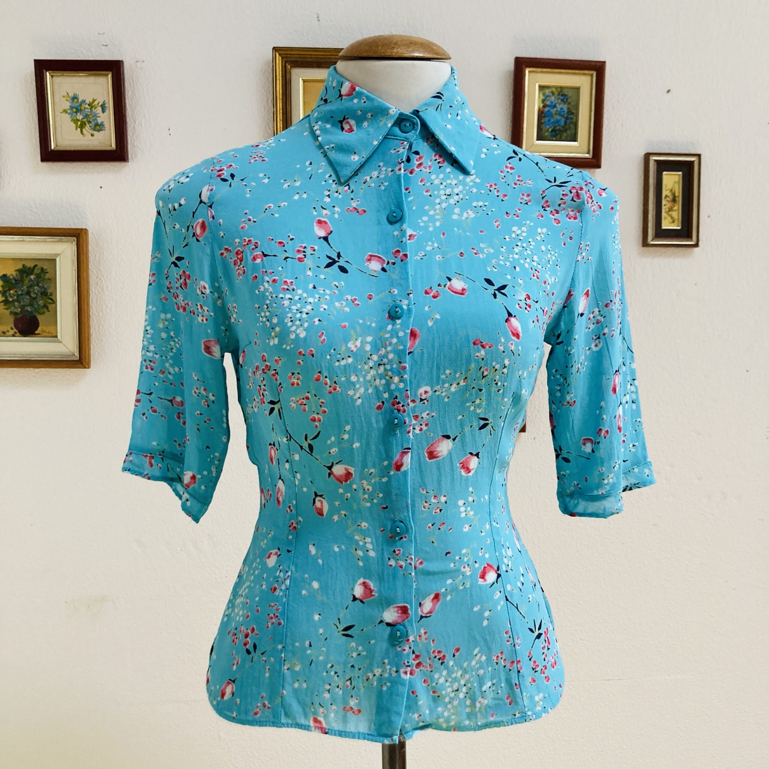 Blusa Seda Azul Floral - tam P